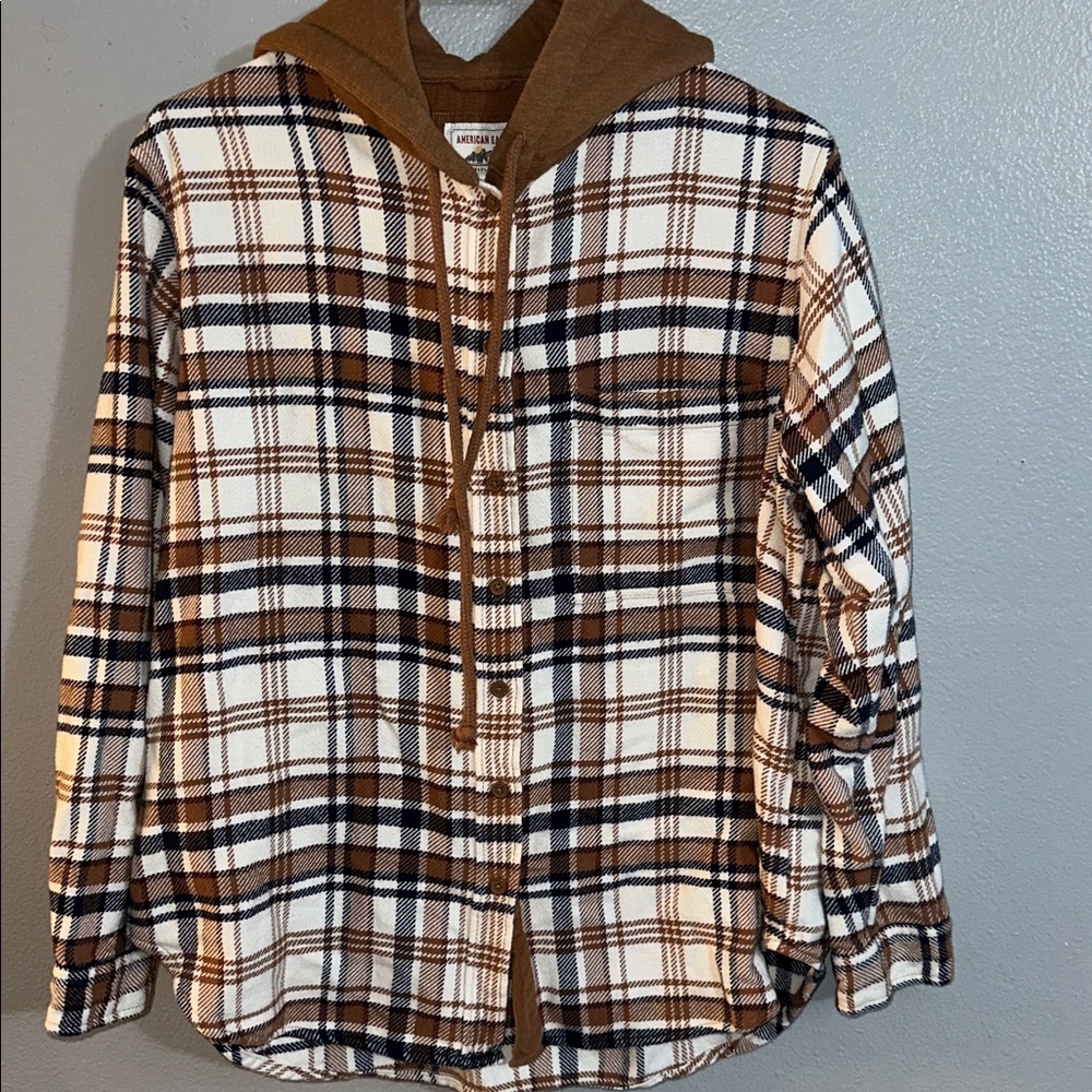 American Eagle Outfitters Brown and White Plaid Hoodie Sz S EUC
